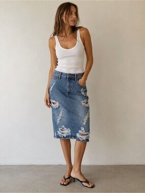 One Teaspoon Freelove Distressed Denim Midi Skirt | Size 25